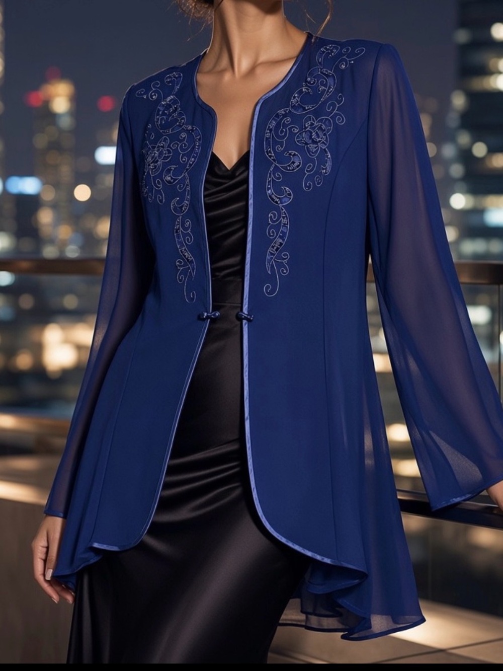 Elegant Navy Embroidered Chiffon Jacket